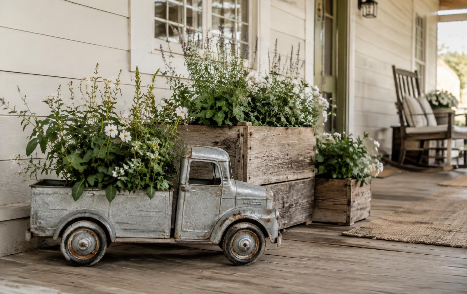 Tin truck planter and wooden planters on a farmhouse porch